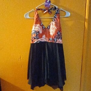 Women's Black & Orange Floral Halter Swim Sarong Dress